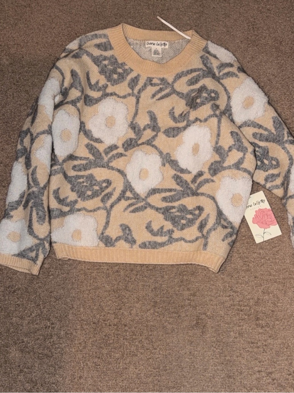 Floral Crewneck Sweater in Cream and Gray